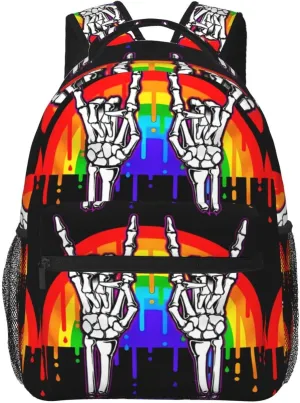 LGBT Rainbow Gay Pride Flag Rock Skeleton Skull Gesture Laptop Backpacks Double Shoulder Laptop Pack Bag Daypack Back Pack Bags Rucksack Computer Bag with Pockets and Zipper