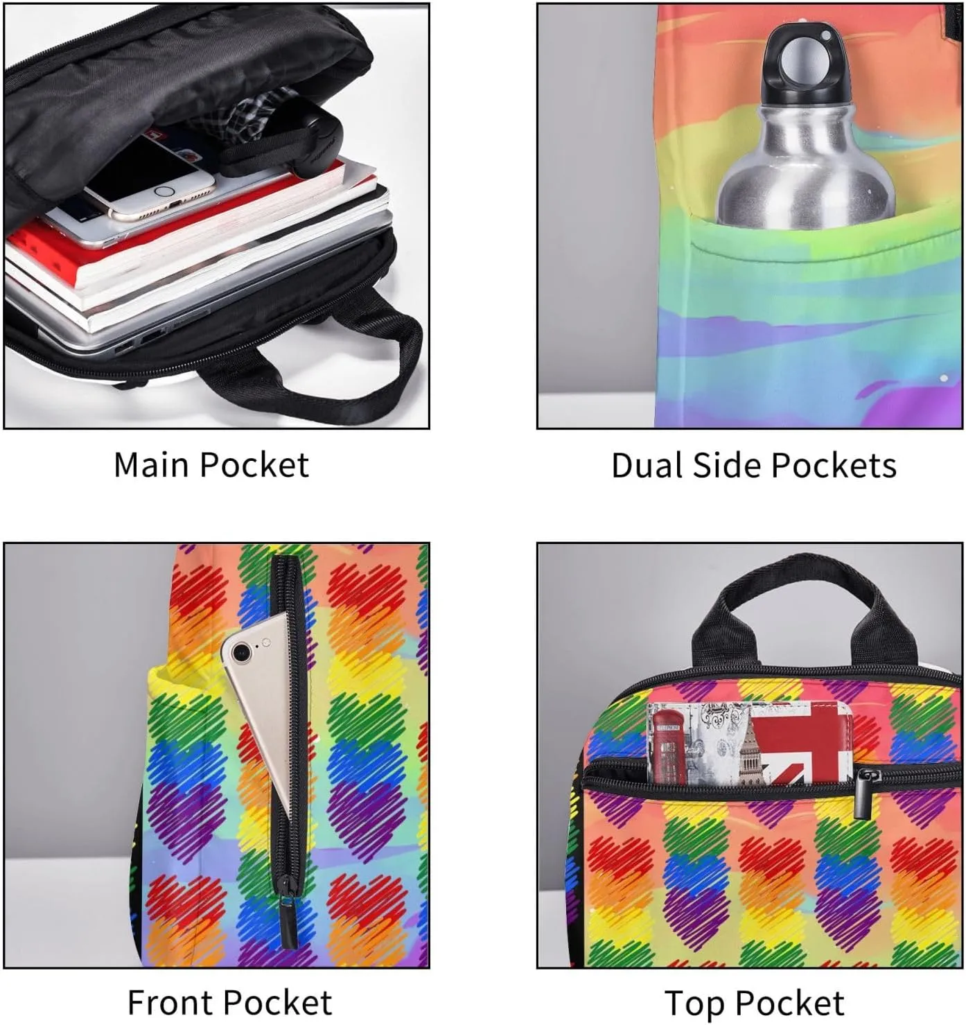 LGBT Rainbow Gay Pride Six Colors Hearts Travel Laptop Backpack Casual Backpacks Double Shoulder Daypack Notebook Rucksack Work Bags Sports Bag for Hiking Camping Beach