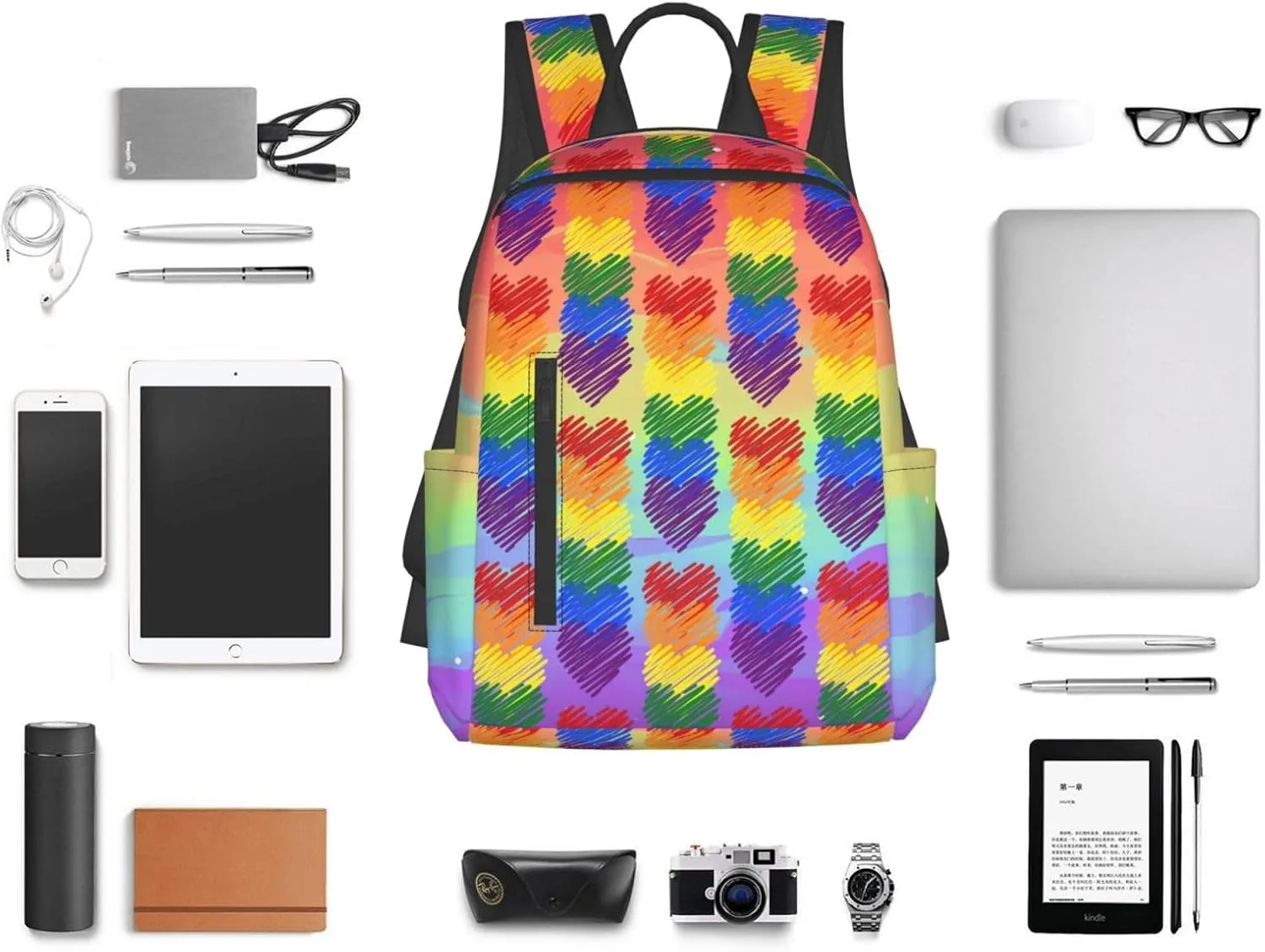 LGBT Rainbow Gay Pride Six Colors Hearts Travel Laptop Backpack Casual Backpacks Double Shoulder Daypack Notebook Rucksack Work Bags Sports Bag for Hiking Camping Beach