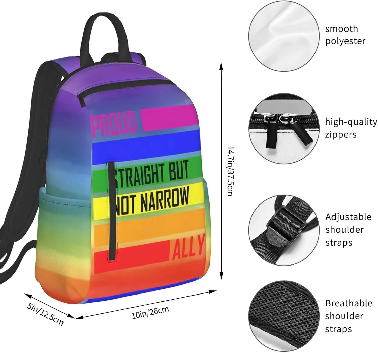 LGBT Rainbow Pride Straight But Not Narrow Ally Travel Laptop Backpack Casual Backpacks Double Shoulder Daypack Notebook Rucksack Work Bags Sports Bag for Gym Hiking Camping Beach