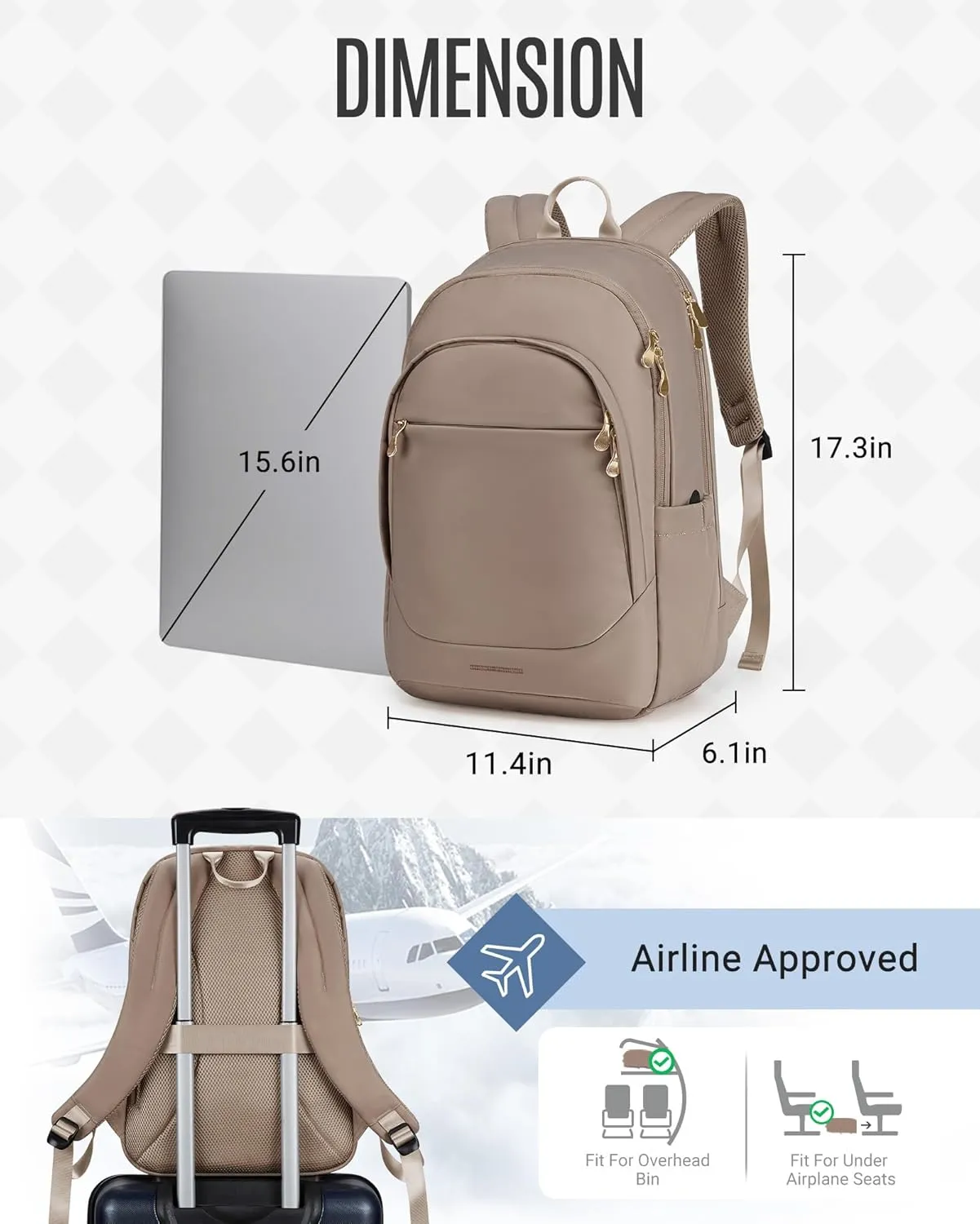 LIGHT FLIGHT Travel Laptop Backpack Women, 17.3 Inch Laptop Backpack with USB Charging Hole, Water Resistant College Bookbag, Black Computer Backpacks for Work, champagne