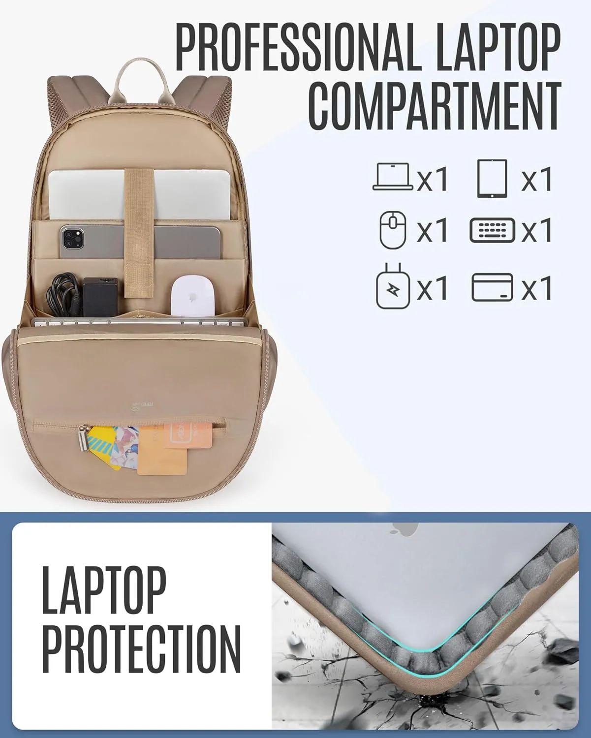 LIGHT FLIGHT Travel Laptop Backpack Women, 17.3 Inch Laptop Backpack with USB Charging Hole, Water Resistant College Bookbag, Black Computer Backpacks for Work, champagne
