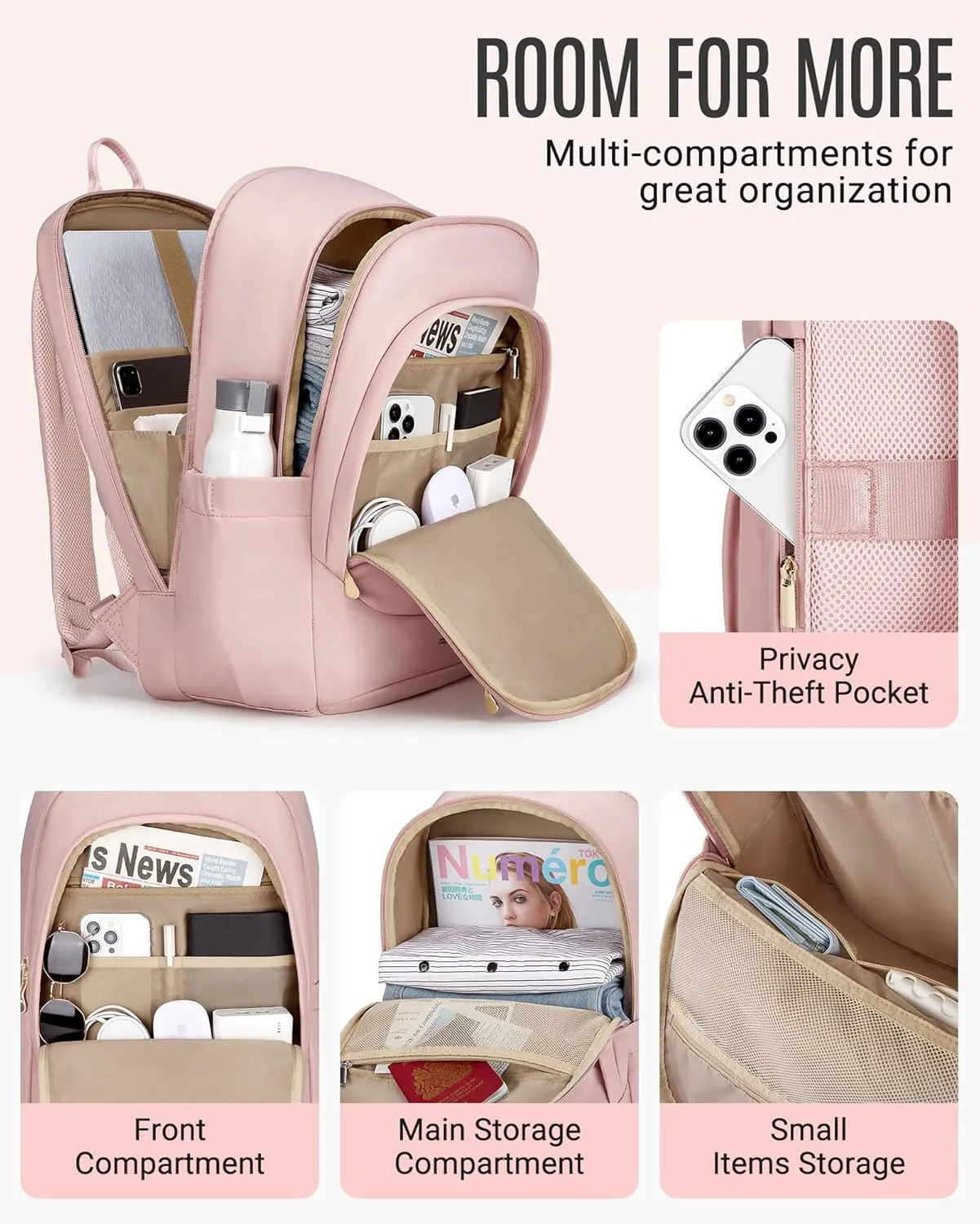LIGHT FLIGHT Travel Laptop Backpack Women, 17.3 Inch Laptop Backpack with USB Charging Hole, Water Resistant College Bookbag, Black Computer Backpacks for Work,Beige