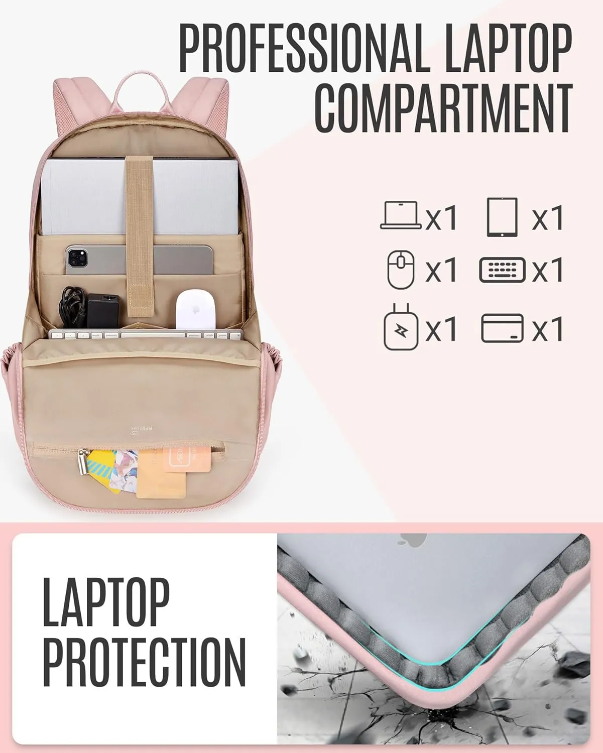 LIGHT FLIGHT Travel Laptop Backpack Women, 17.3 Inch Laptop Backpack with USB Charging Hole, Water Resistant College Bookbag, Black Computer Backpacks for Work,Beige