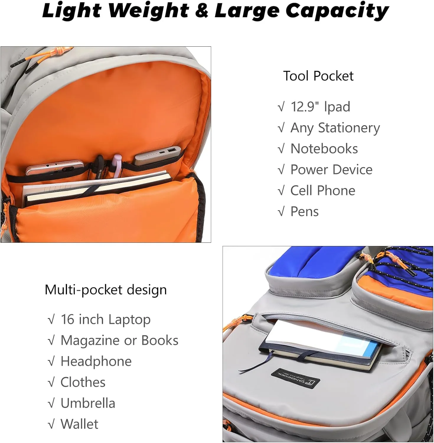 Lightweight Durable College Travel Backpack,25L Daily Casual Bookbag Backpack fit 15.6 Inch Laptop, Water Resistant Work Outdoor Hiking Backpacks With Multifunction Pockets for Men Women