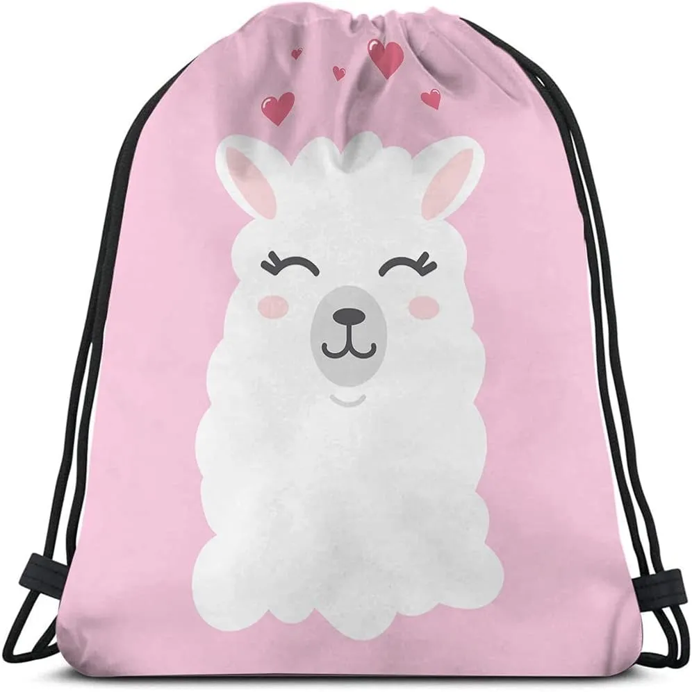 Llama Pink Animal Drawstring Bags Backpack Bag FunnyCute Cartoon Heart Lovely Pet Artwork Happy Wild Sport Gym Sack Drawstring Bag String Bag Yoga Bag for Men Women