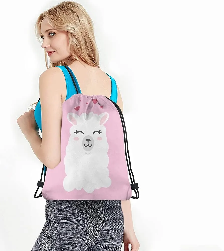 Llama Pink Animal Drawstring Bags Backpack Bag FunnyCute Cartoon Heart Lovely Pet Artwork Happy Wild Sport Gym Sack Drawstring Bag String Bag Yoga Bag for Men Women