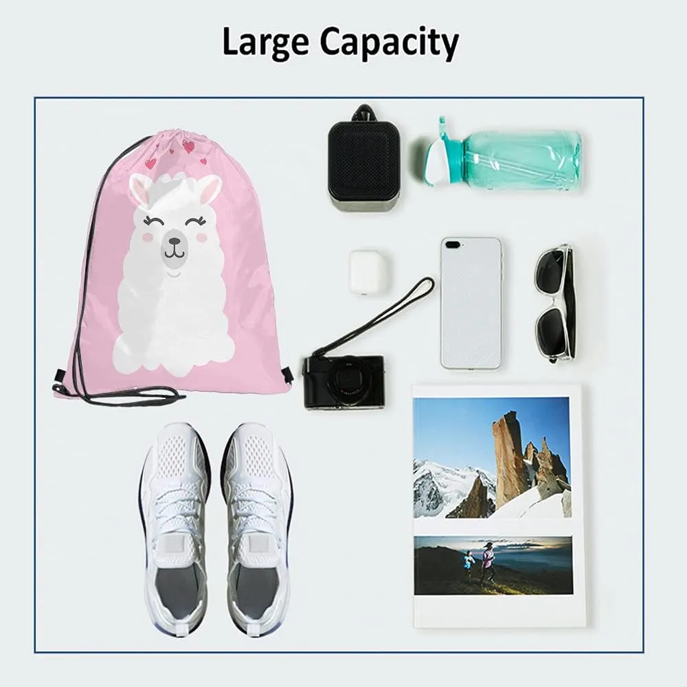 Llama Pink Animal Drawstring Bags Backpack Bag FunnyCute Cartoon Heart Lovely Pet Artwork Happy Wild Sport Gym Sack Drawstring Bag String Bag Yoga Bag for Men Women