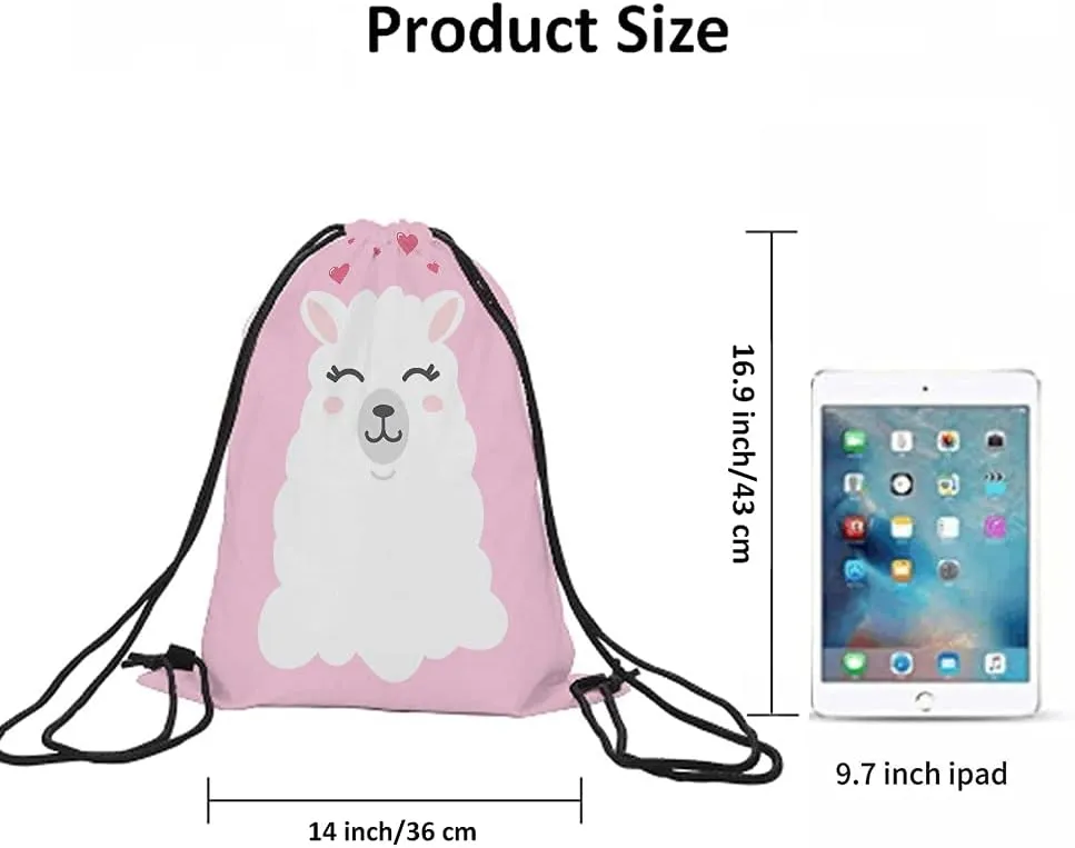 Llama Pink Animal Drawstring Bags Backpack Bag FunnyCute Cartoon Heart Lovely Pet Artwork Happy Wild Sport Gym Sack Drawstring Bag String Bag Yoga Bag for Men Women