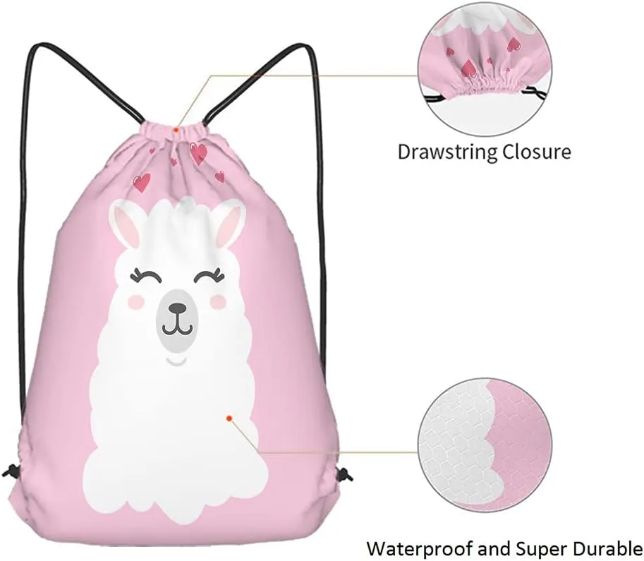 Llama Pink Animal Drawstring Bags Backpack Bag FunnyCute Cartoon Heart Lovely Pet Artwork Happy Wild Sport Gym Sack Drawstring Bag String Bag Yoga Bag for Men Women
