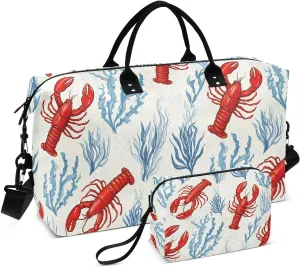 Lobster Seaweed Ivory Sports Gym Bag for Women Men Travel Duffel Bag Weekend Overnight Carry on Bag with Toiletry Bag Training Handbag for Workout Swimming Yoga Plane Hospital
