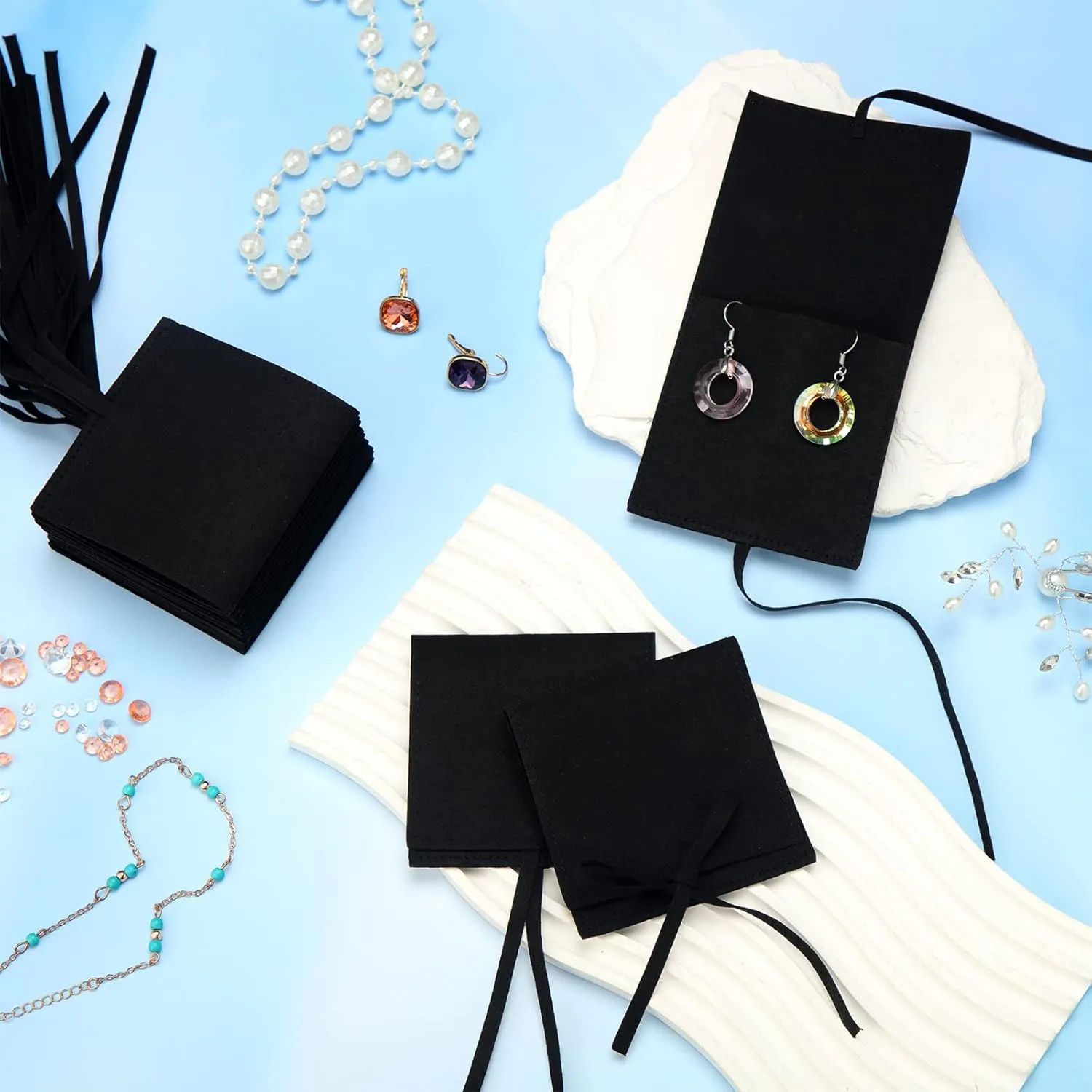 Lothee 40 Pcs Microfiber Jewelry Pouch 8x8 cm Jewelry Packaging Luxury Small Gift Bags Bow Tie Microfiber Bag for Bracelet Necklace Packaging,Envelope Style with String and Divider(Black)