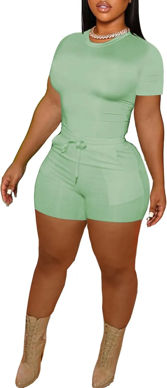 LovelyWholesale Women's Summer 2 Piece Outfits Skinny Shorts Tracksuit Sets