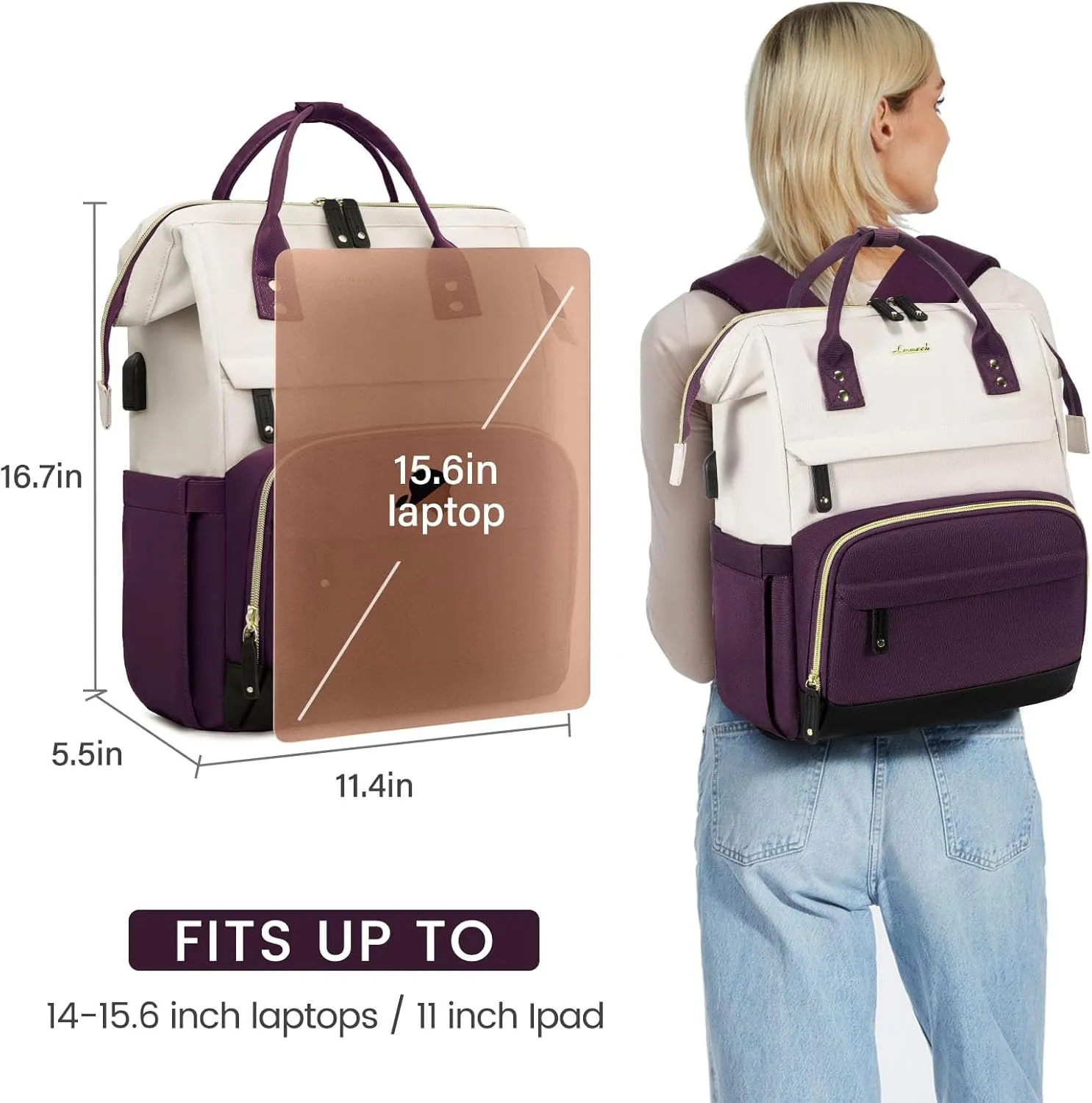 LOVEVOOK Laptop Backpack for Women, 15.6 Inch Work Business Backpacks Purse with USB Port, Large Capacity Nurse Bag College Bookbag for School, Waterproof Casual Daypack for Travel