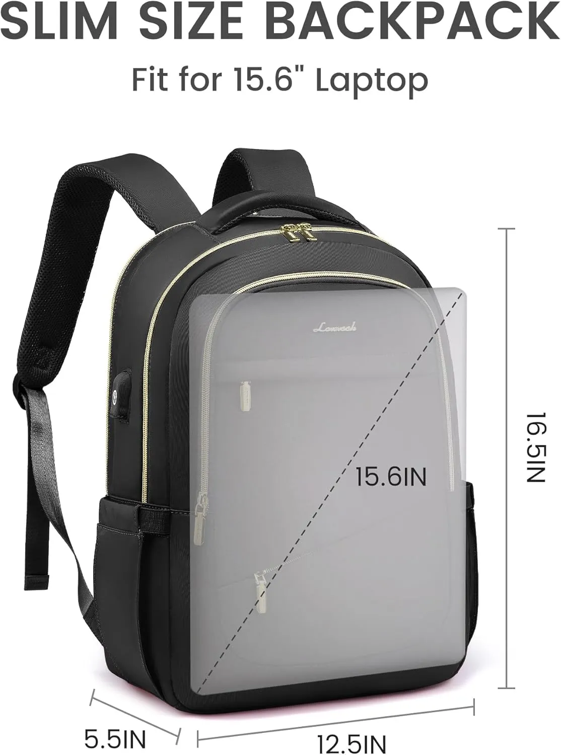 LOVEVOOK Laptop Backpack for Women, Black Business Travel Backpacks with USB Port, Water Resistant Work Teacher Computer Bag, Stylish Daypack, Fits 15.6" Laptop