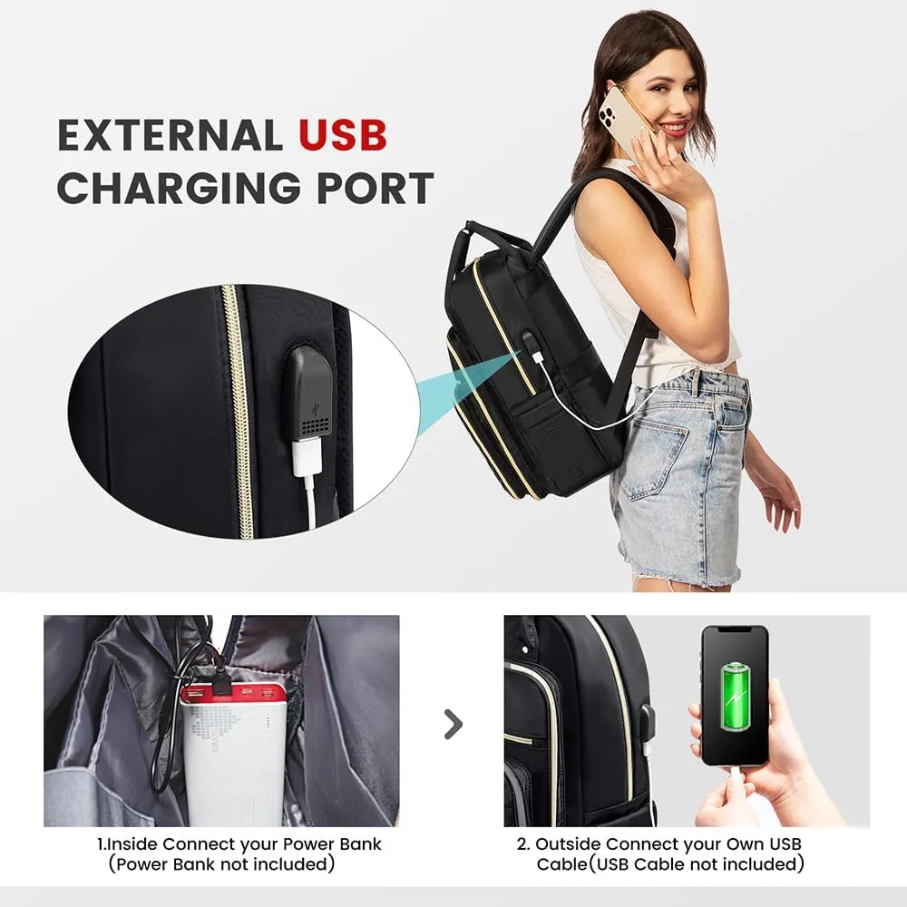 LOVEVOOK Laptop Backpack for Women, Water Resistant Travel Work Backpacks Purse Stylish Business Teacher Nurse Computer Bag with USB Charging Port,Black