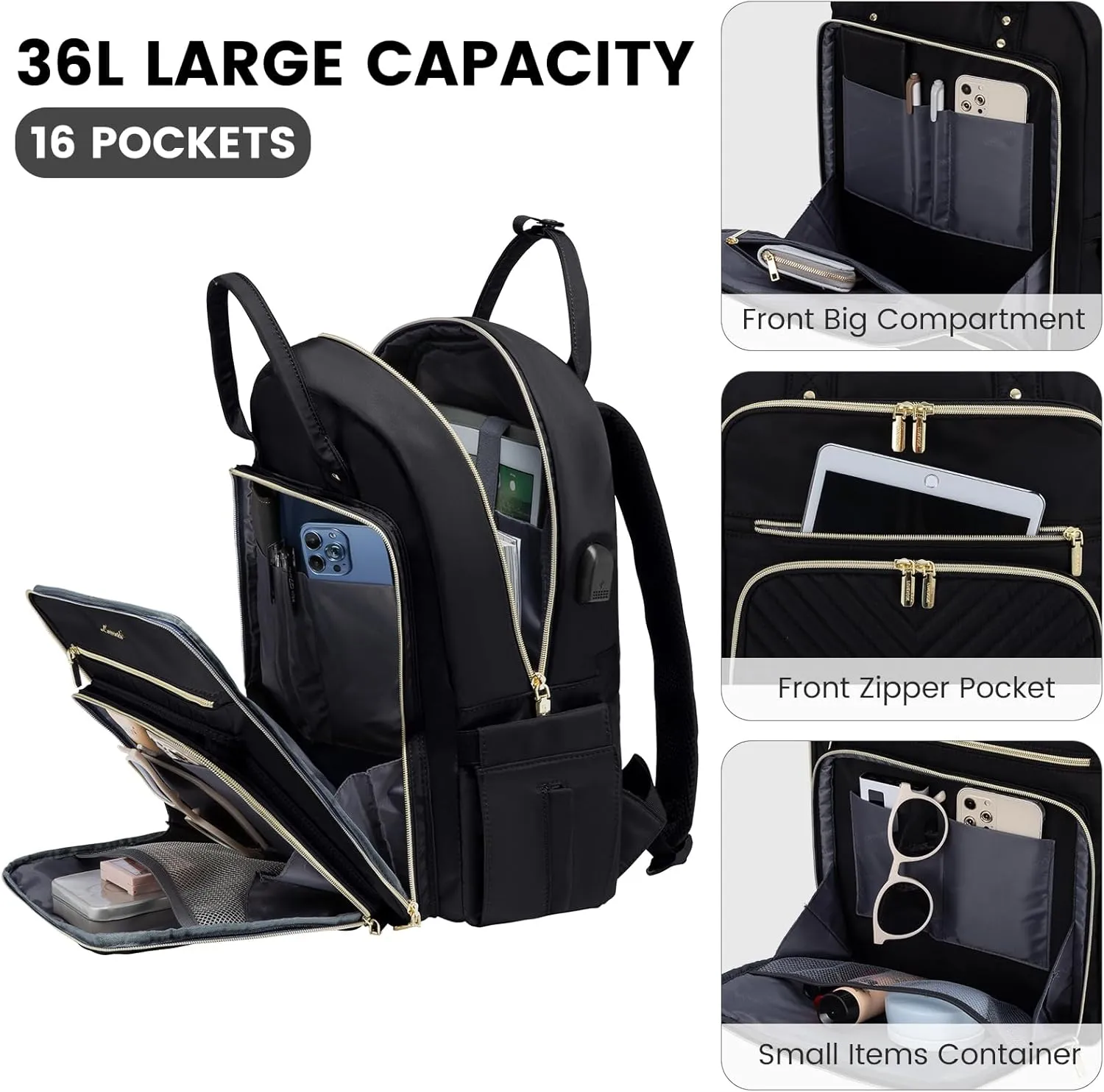 LOVEVOOK Laptop Backpack for Women, Water Resistant Travel Work Backpacks Purse Stylish Business Teacher Nurse Computer Bag with USB Charging Port,Black