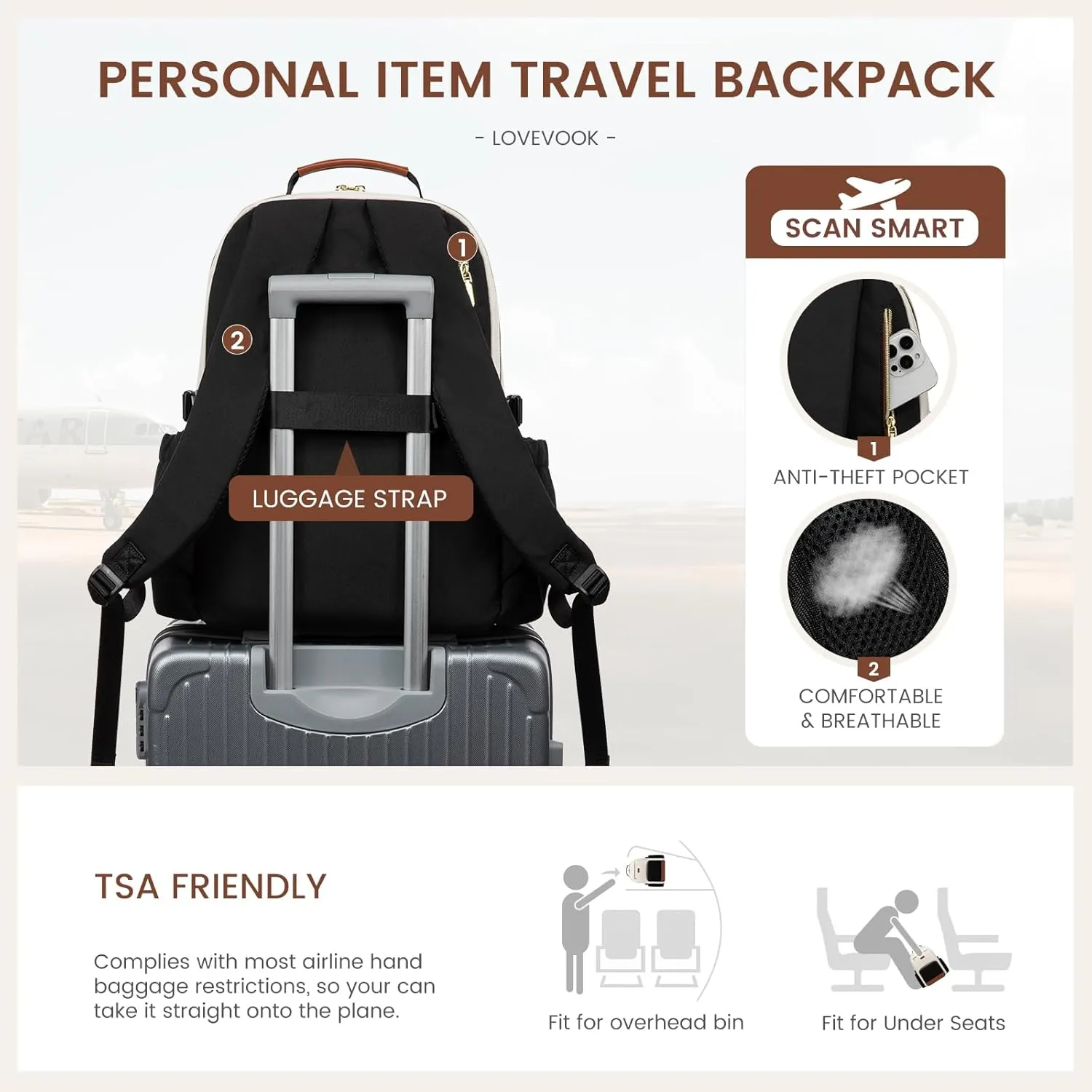 LOVEVOOK Laptop Backpack for Women with Pouch Pocket for Large Capacity Cup,15.6 Inch Laptop Computer Bag Travel Backpack Purse,Waterproof Work Business Backpack College Teacher Bag,Beige-Brown-Bbrown