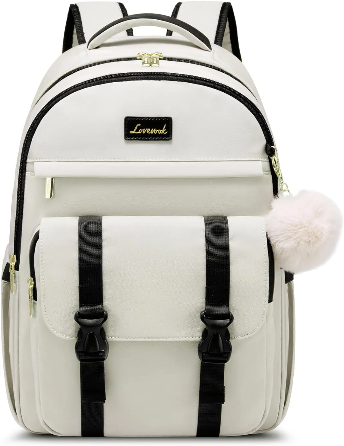 LOVEVOOK School Backpack for Teen Girls, College Student Backpacks Fit 15.6 Inch Laptop Bookbag, Cute Backpack Purse for 14-16 Teenage Lightweight Waterproof Casual Travel Backpack, Beige-Black