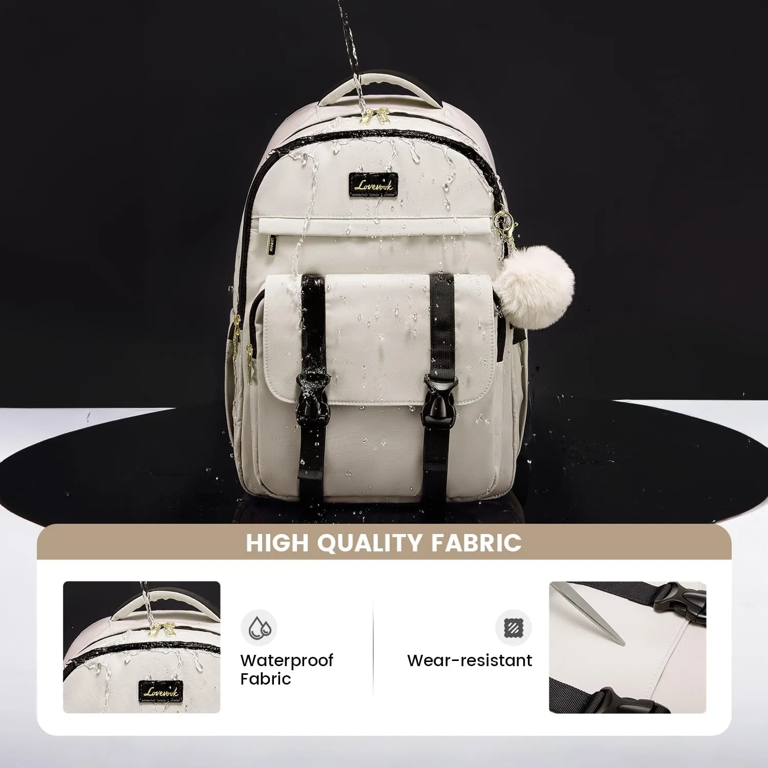 LOVEVOOK School Backpack for Teen Girls, College Student Backpacks Fit 15.6 Inch Laptop Bookbag, Cute Backpack Purse for 14-16 Teenage Lightweight Waterproof Casual Travel Backpack, Beige-Black