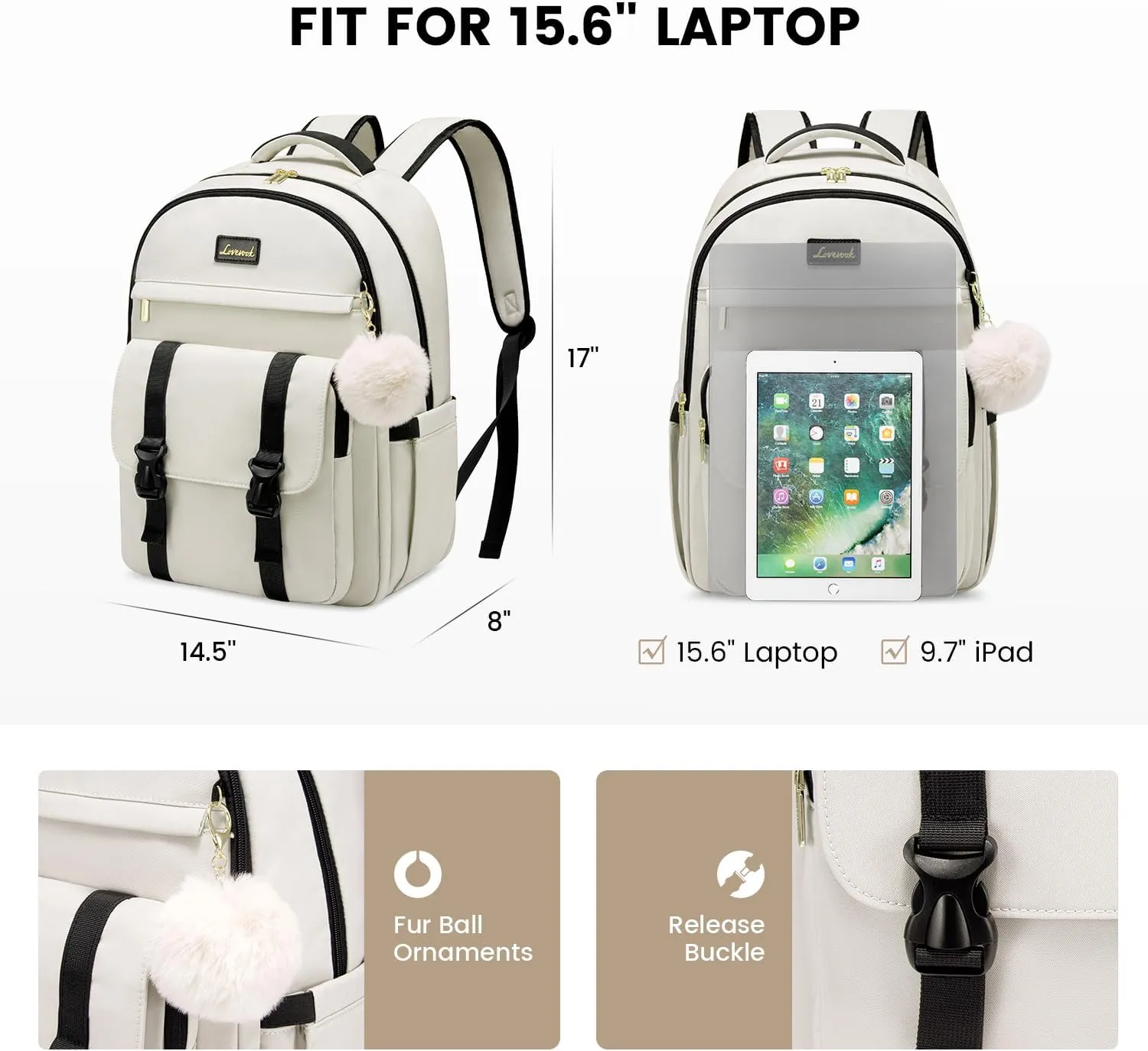 LOVEVOOK School Backpack for Teen Girls, College Student Backpacks Fit 15.6 Inch Laptop Bookbag, Cute Backpack Purse for 14-16 Teenage Lightweight Waterproof Casual Travel Backpack, Beige-Black