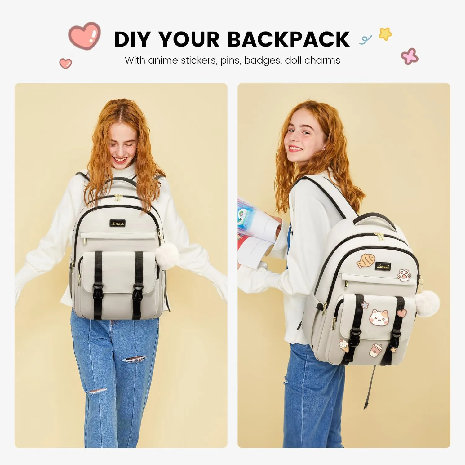 LOVEVOOK School Backpack for Teen Girls, College Student Backpacks Fit 15.6 Inch Laptop Bookbag, Cute Backpack Purse for 14-16 Teenage Lightweight Waterproof Casual Travel Backpack, Beige-Black