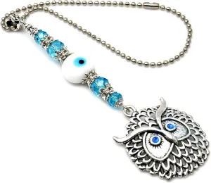 Lucky Owl Car Charm Rear View Mirror Hanging | Evil Eye Protection Ornament for Wisdom, Good Fortune & Positive Energy | Divine Touch Silver Alloy Dangler for Car, Handbag, Home & Office, Small, Metal