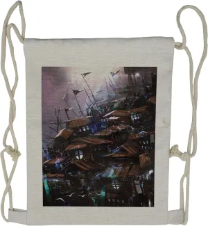 Lunarable Fantasy Drawstring Backpack, Fictional Old Wooden Castle, Sackpack Bag