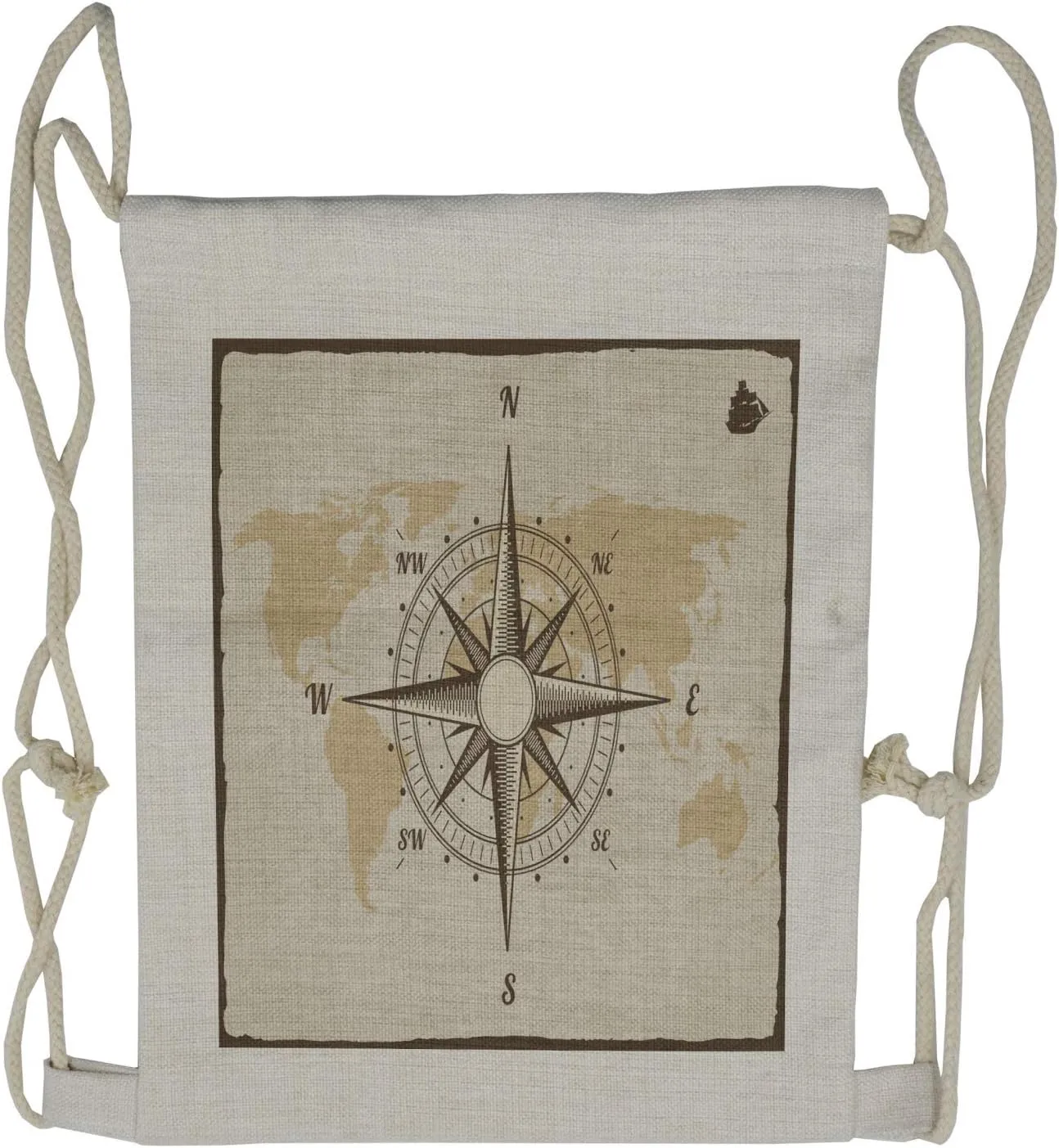Lunarable Nautical Drawstring Backpack, Compass on World Map, Sackpack Bag
