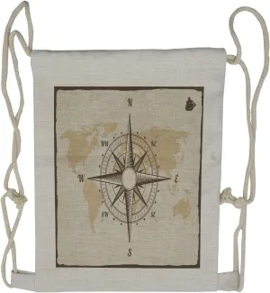 Lunarable Nautical Drawstring Backpack, Compass on World Map, Sackpack Bag