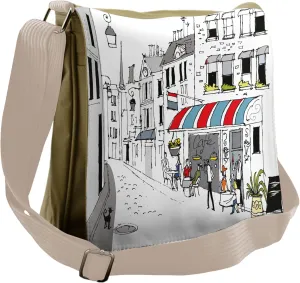 Lunarable Paris Messenger Bag, Parisian Cafe Cobbled Street, Unisex Cross-body