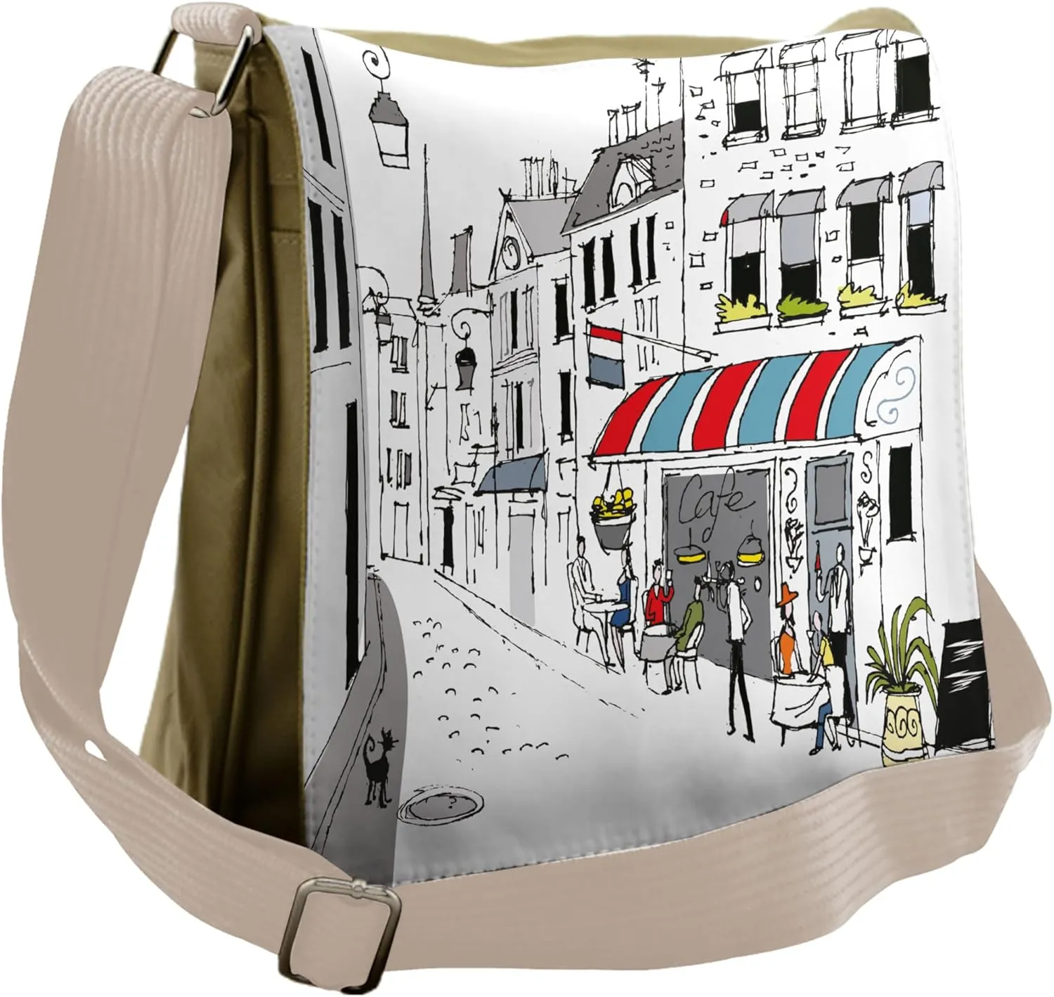 Lunarable Paris Messenger Bag, Parisian Cafe Cobbled Street, Unisex Cross-body