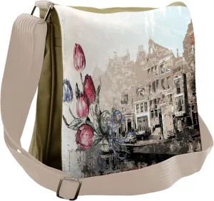 Lunarable Retro Messenger Bag, Paintbrush Amsterdam Street, Unisex Cross-body