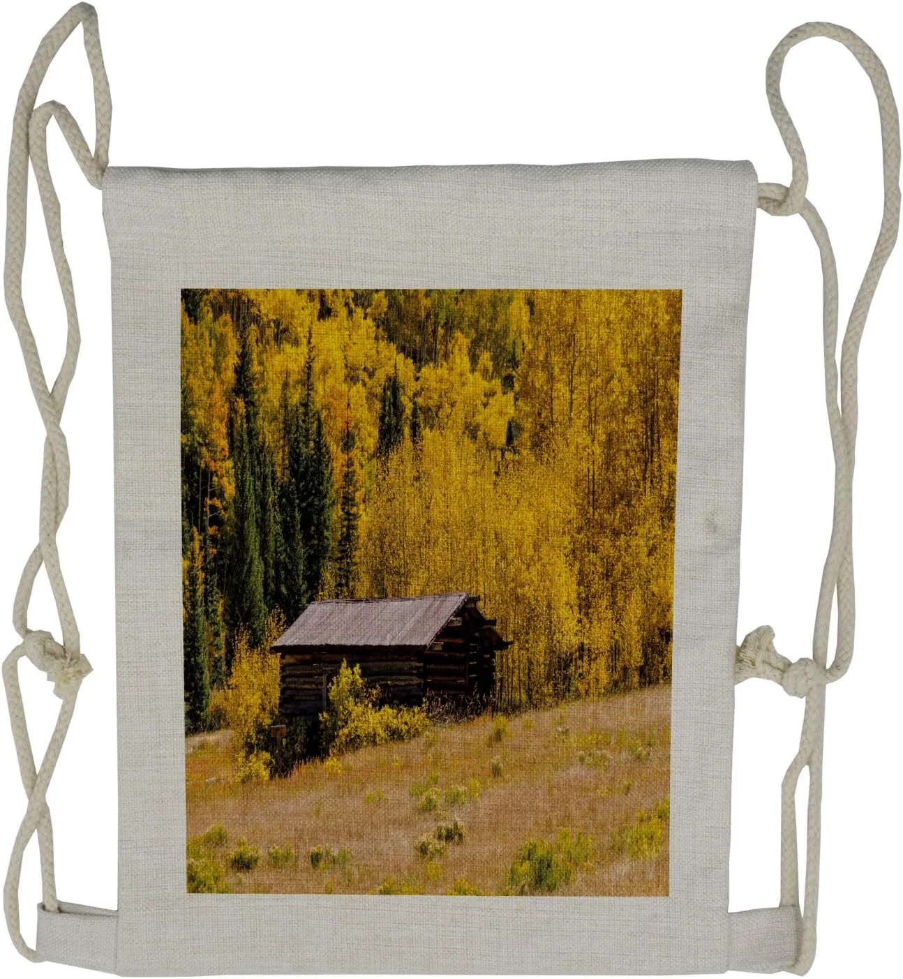 Lunarable Rustic Drawstring Backpack, Hut in the Forest Autumn, Sackpack Bag
