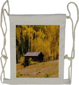 Lunarable Rustic Drawstring Backpack, Hut in the Forest Autumn, Sackpack Bag