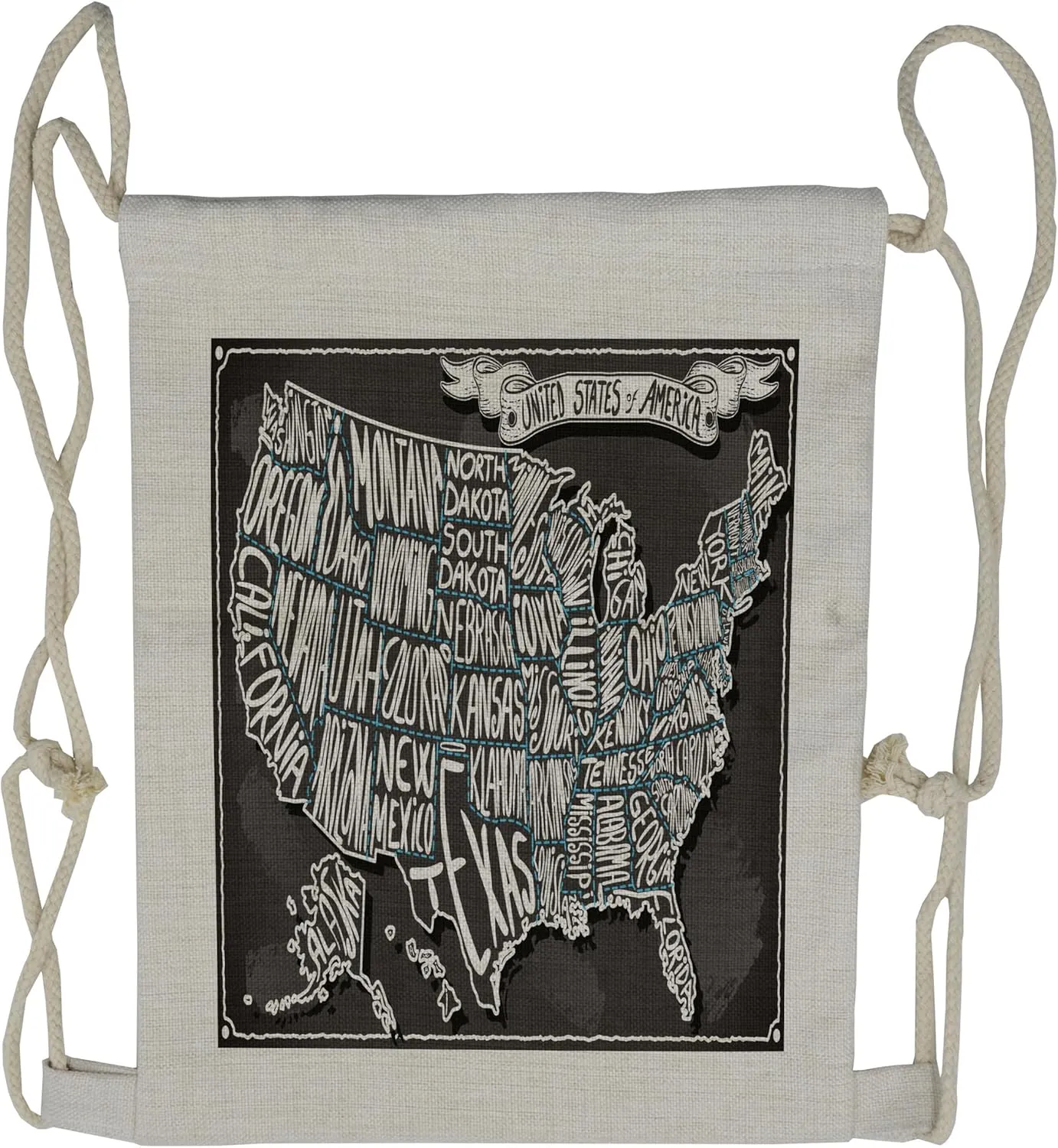 Lunarable USA Map Drawstring Backpack, American Towns Calligraphy, Sackpack Bag