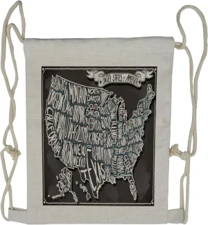 Lunarable USA Map Drawstring Backpack, American Towns Calligraphy, Sackpack Bag