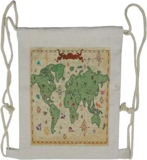 Lunarable World Map Drawstring Backpack, Trees Volcanos Mountains, Sackpack Bag