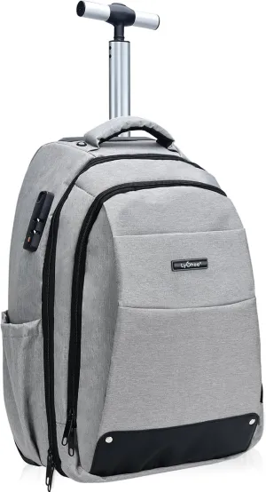 Lychee Adult Business Rolling Laptop Backpack with Wheels-18 inch Invisible Shoulder Strap Waterproof Backpack with Roller-Trolley Suitcase Travel Bag, Grey