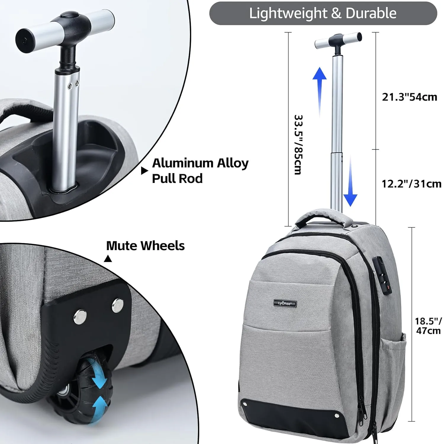 Lychee Adult Business Rolling Laptop Backpack with Wheels-18 inch Invisible Shoulder Strap Waterproof Backpack with Roller-Trolley Suitcase Travel Bag, Grey