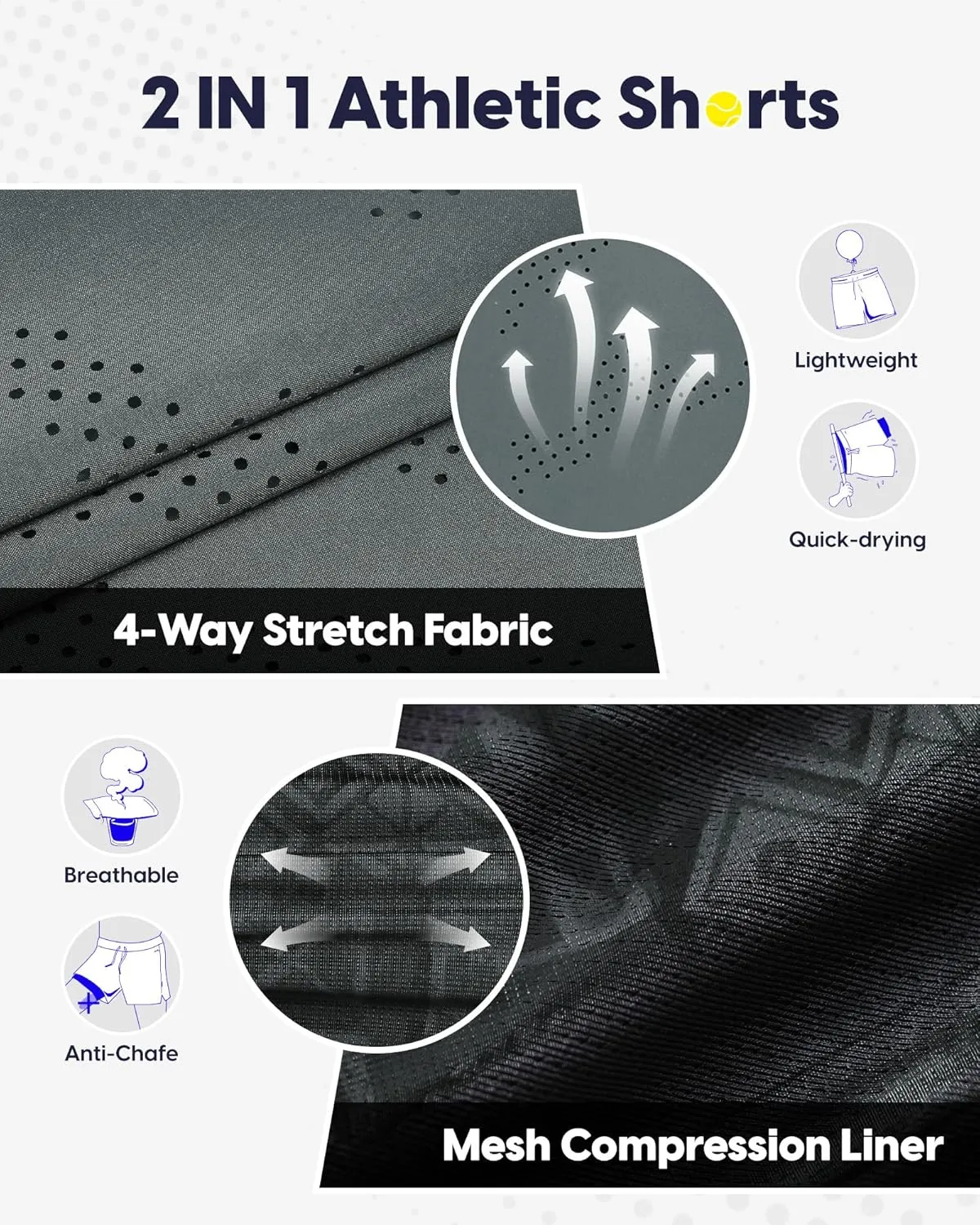 maamgic Men's 2 in 1 Gym Shorts 5 Inch Athletic Tennis Shorts Stretch Workout Running Shorts with Liner