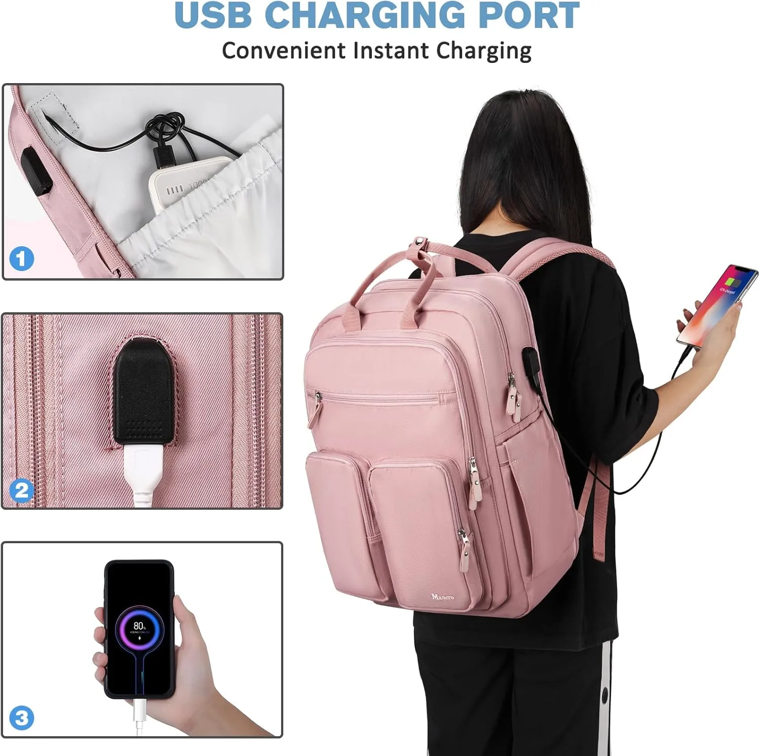 Mancro Travel Backpacks for Women, 17.3 Inch Laptop Backpack with TSA Compartment and USB Charging Port, Large Weekend Travel Backpack Daypack for College Gifts Backpack, Pink