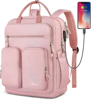 Mancro Travel Backpacks for Women, 17.3 Inch Laptop Backpack with TSA Compartment and USB Charging Port, Large Weekend Travel Backpack Daypack for College Gifts Backpack, Pink