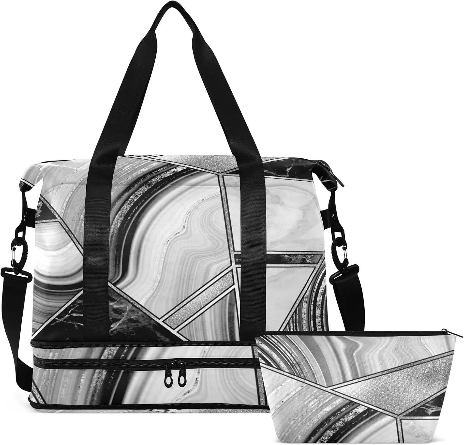Marble Granite Agate Black Grey Triangle Tile Silver White Lines Gym Duffel Bag, Polyester Travel Weekender Luggage Handbag with Waterproof Pocket for Wet Items, Unisex Foldable Tote for Sports