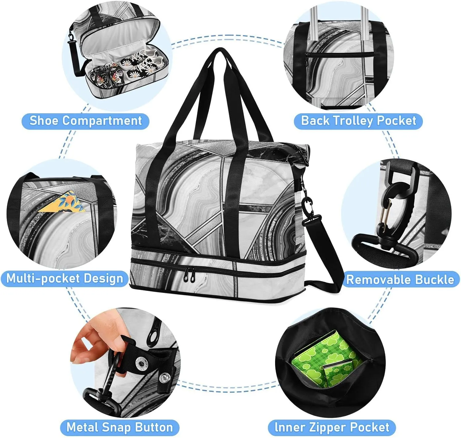 Marble Granite Agate Black Grey Triangle Tile Silver White Lines Gym Duffel Bag, Polyester Travel Weekender Luggage Handbag with Waterproof Pocket for Wet Items, Unisex Foldable Tote for Sports