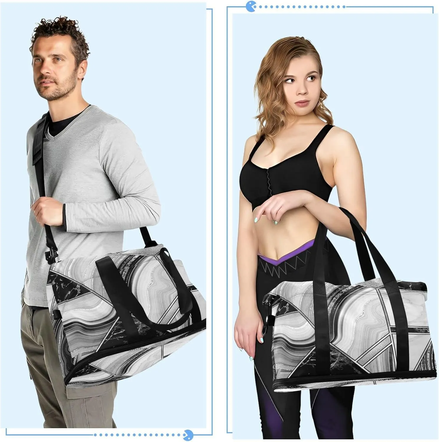 Marble Granite Agate Black Grey Triangle Tile Silver White Lines Gym Duffel Bag, Polyester Travel Weekender Luggage Handbag with Waterproof Pocket for Wet Items, Unisex Foldable Tote for Sports