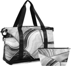 Marble Granite Agate Black Grey Triangle Tile Silver White Lines Gym Duffel Bag, Polyester Travel Weekender Luggage Handbag with Waterproof Pocket for Wet Items, Unisex Foldable Tote for Sports