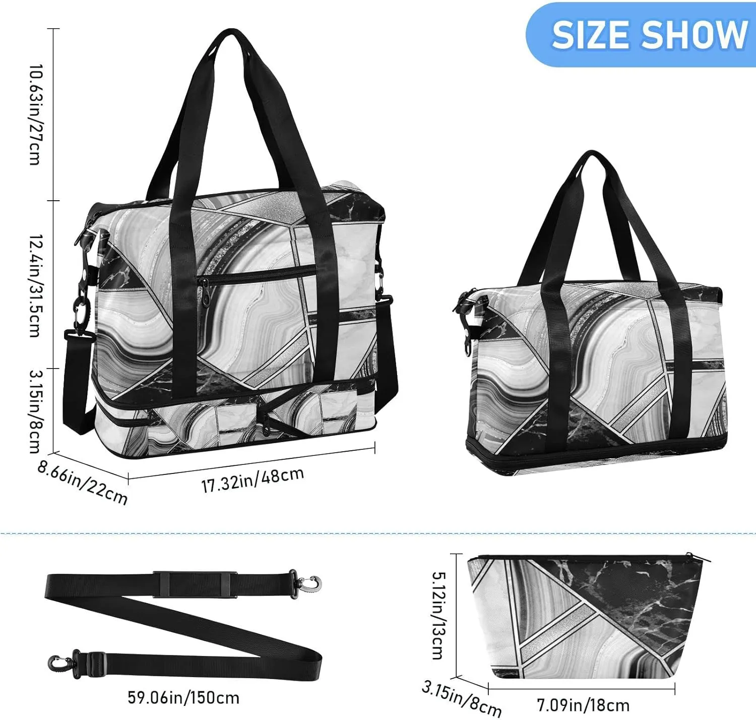 Marble Granite Agate Black Grey Triangle Tile Silver White Lines Gym Duffel Bag, Polyester Travel Weekender Luggage Handbag with Waterproof Pocket for Wet Items, Unisex Foldable Tote for Sports