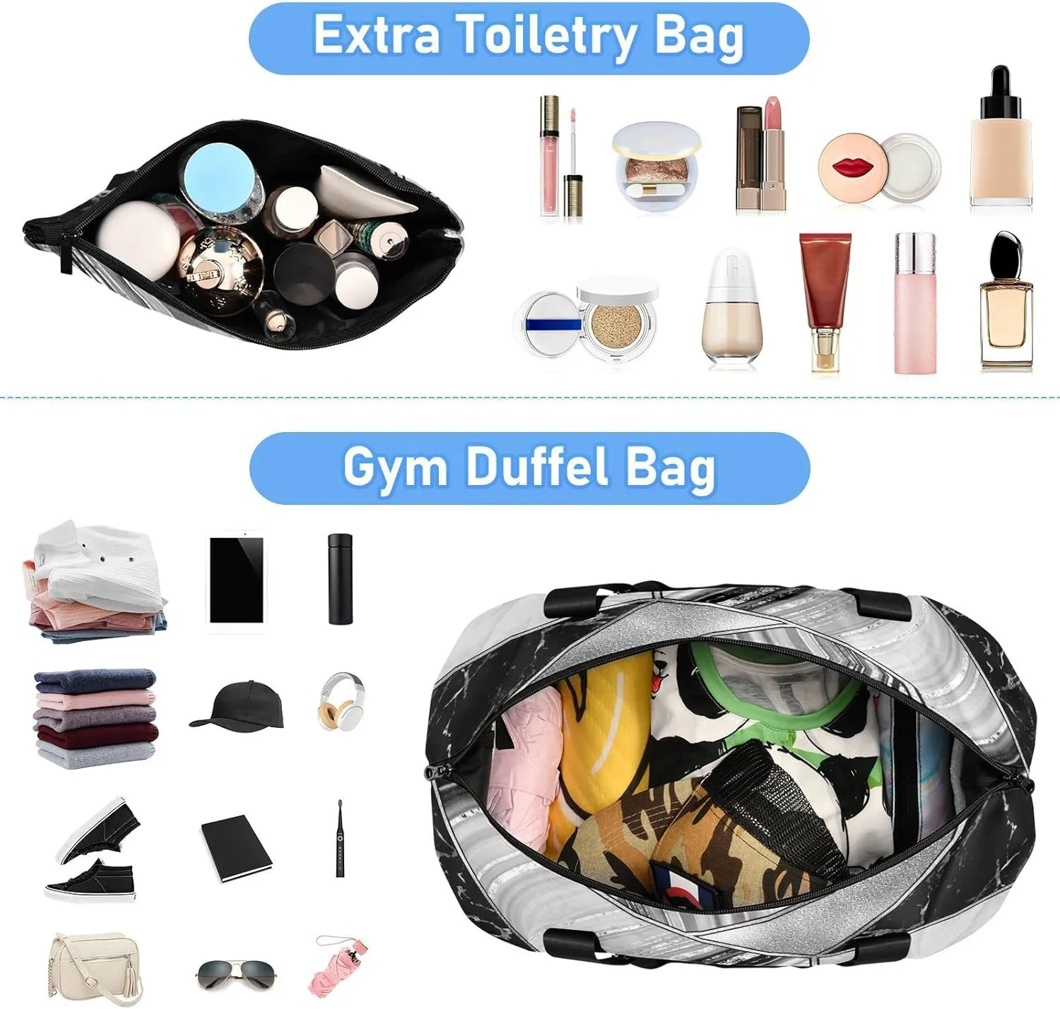 Marble Granite Agate Black Grey Triangle Tile Silver White Lines Gym Duffel Bag, Polyester Travel Weekender Luggage Handbag with Waterproof Pocket for Wet Items, Unisex Foldable Tote for Sports