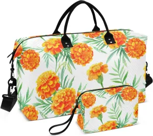 Marigold Flower Foliage White Sports Gym Bag for Women Men Travel Duffel Bag Weekend Overnight Carry on Bag with Toiletry Bag Training Handbag for Yoga Swimming Hospital Plane